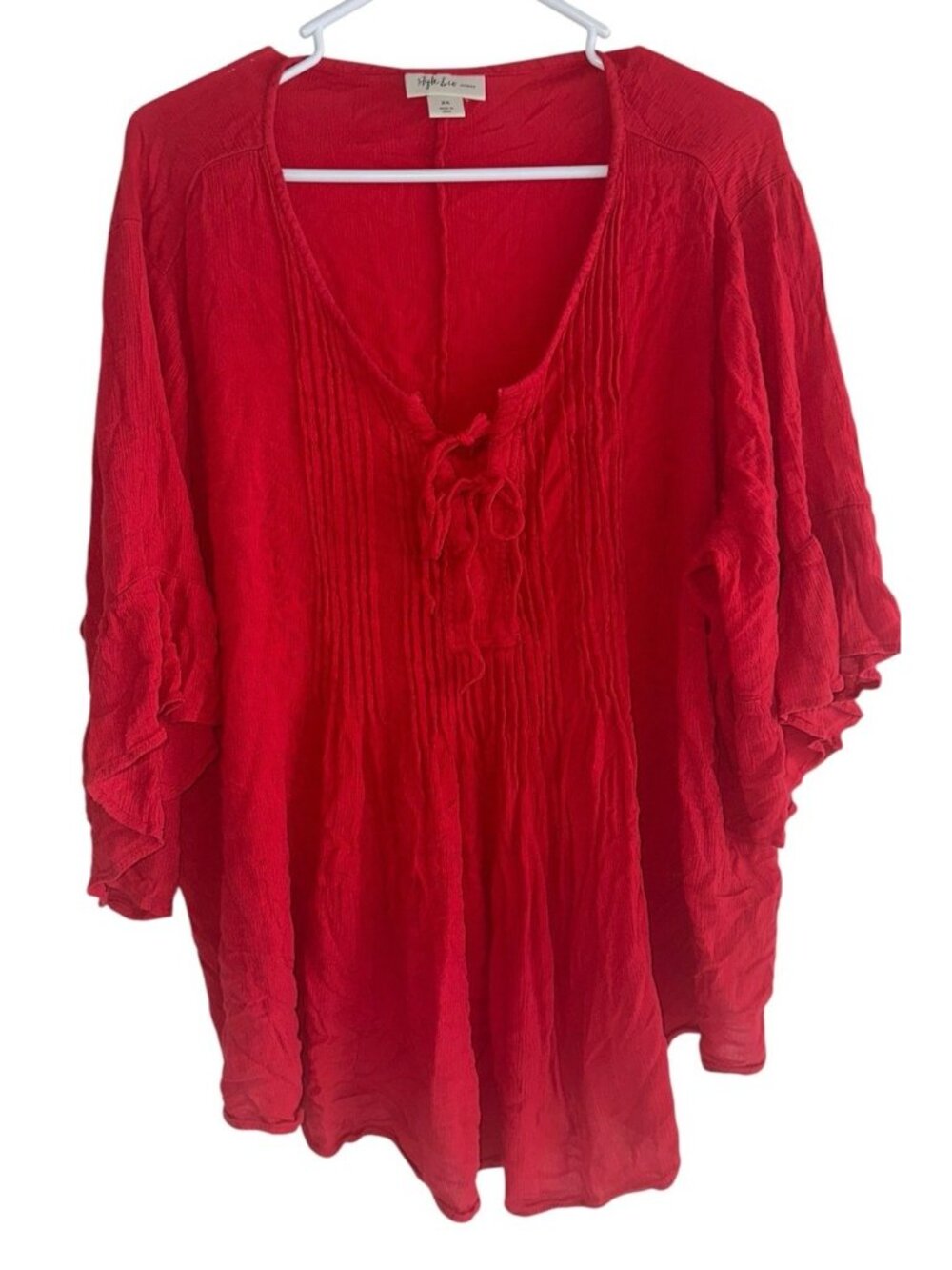Style & Co Womens Peasant Top Plus 2X Red Boho Bell Sleeve Hippie